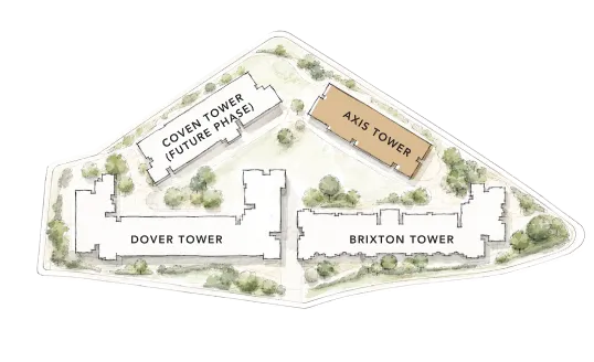 Causewayz Square site plan showing Axis Tower, Brixton Tower, Dover Tower and Coven Tower (future phase)