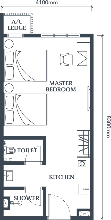 Causewayz Square floor plan Type A, Axis Tower, 366 sq ft studio with 1 bathroom