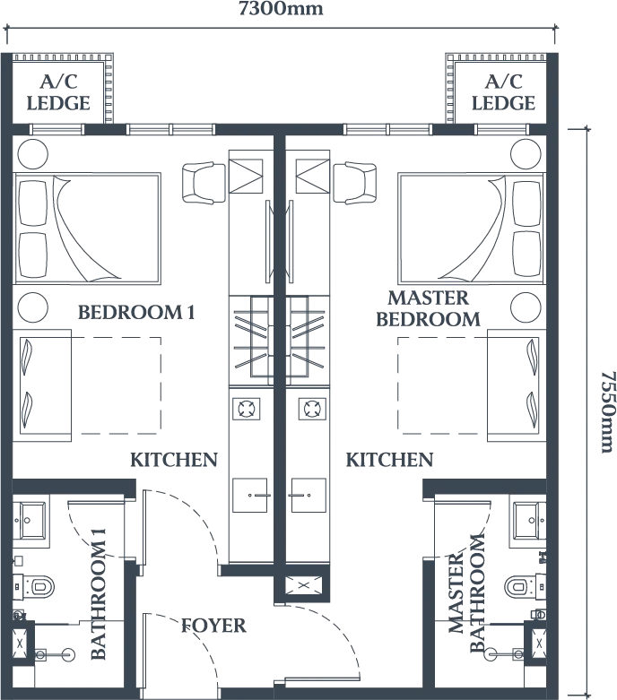 Causewayz Square floor plan Type B, Axis Tower, 592 sq ft dual-key, 2 bedrooms, 2 bathrooms