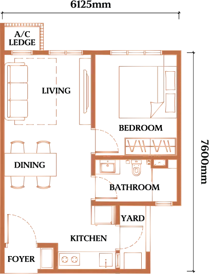 Causewayz Square floor plan Type C, 474 sq ft, 1 bedroom, 1 bathroom