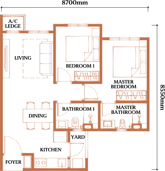 Causewayz Square floor plan Type D1, 667 sq ft, 2 bedrooms, 2 bathrooms