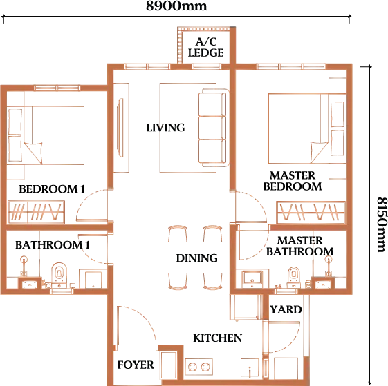 Causewayz Square floor plan Type D2, 667 sq ft, 2 bedrooms, 2 bathrooms