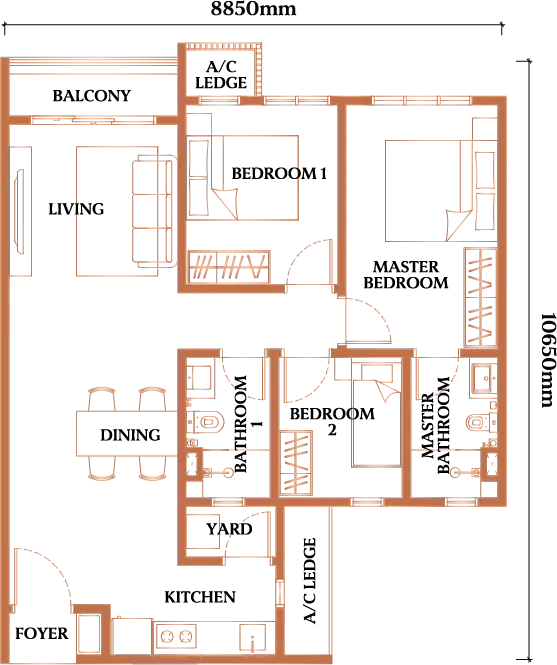 Causewayz Square floor plan Type E1, 850 sq ft, 3 bedrooms, 2 bathrooms, balcony