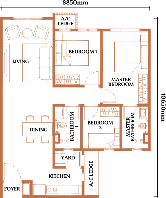 Causewayz Square floor plan Type E2, 850 sq ft, 3 bedrooms, 2 bathrooms