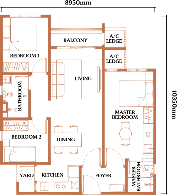 Causewayz Square floor plan Type F1, 850 sq ft, 3 bedrooms, 2 bathrooms, balcony