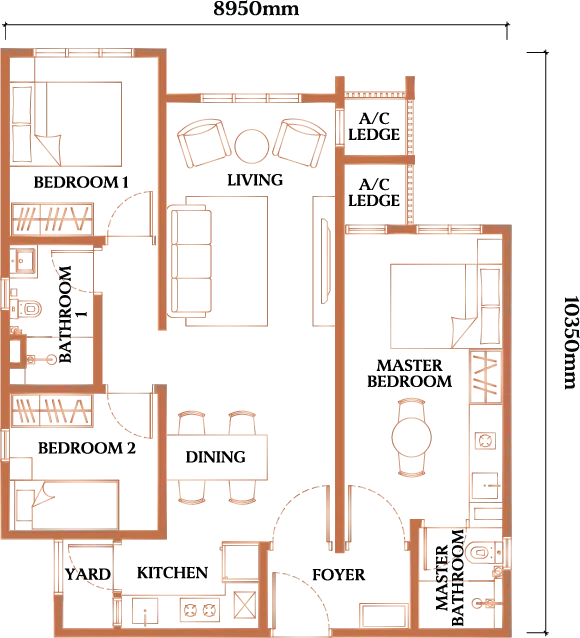Causewayz Square floor plan Type F2, 850 sq ft, 3 bedrooms, 2 bathrooms